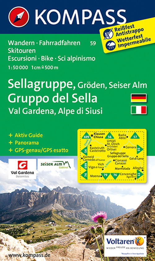 Carta escursionistica n. 59. Gruppo del Sella, Val Gardena, Alpe di Siusi-Sellagruppe, Gröden, Seiser Alm 1:50.000