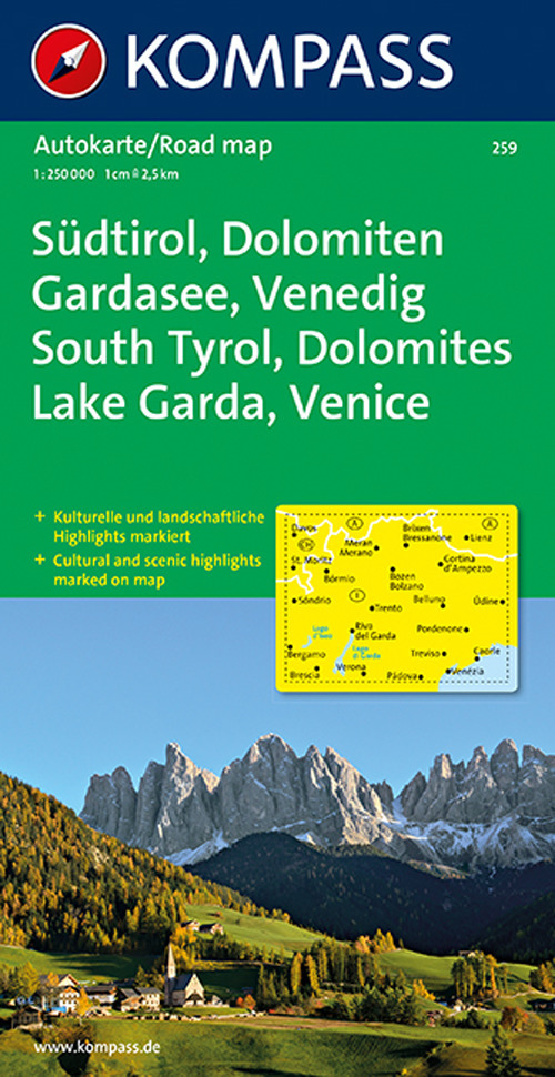 Carta stradale n. 259. Alto Adige, Dolomiti, Lago di Garda, Venezia-Südtirol, Dolomiten, Gardasee, Venedig 1:250.000