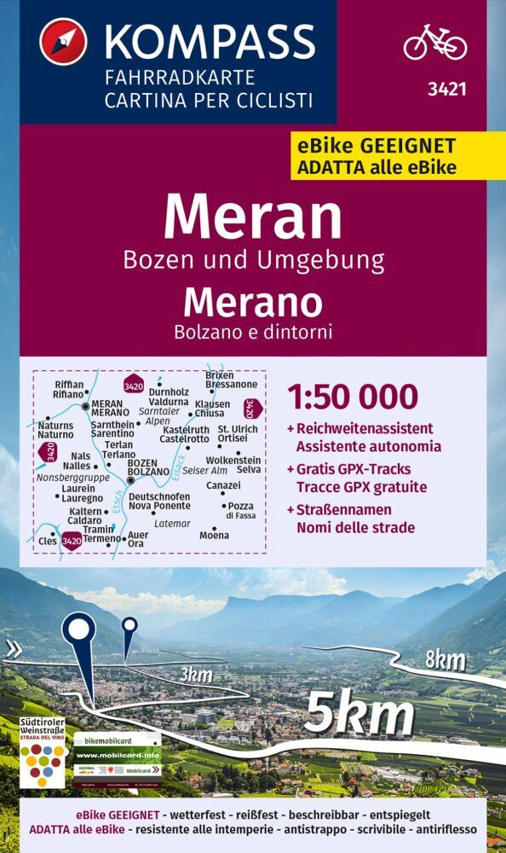 Carta ciclistica n. 3421. Merano, Bolzano e dintorni