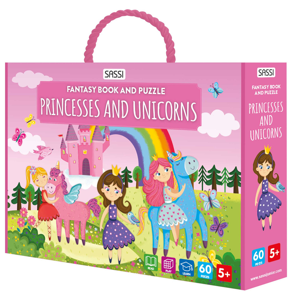 Princesses and unicorns. Fantasy book and puzzle