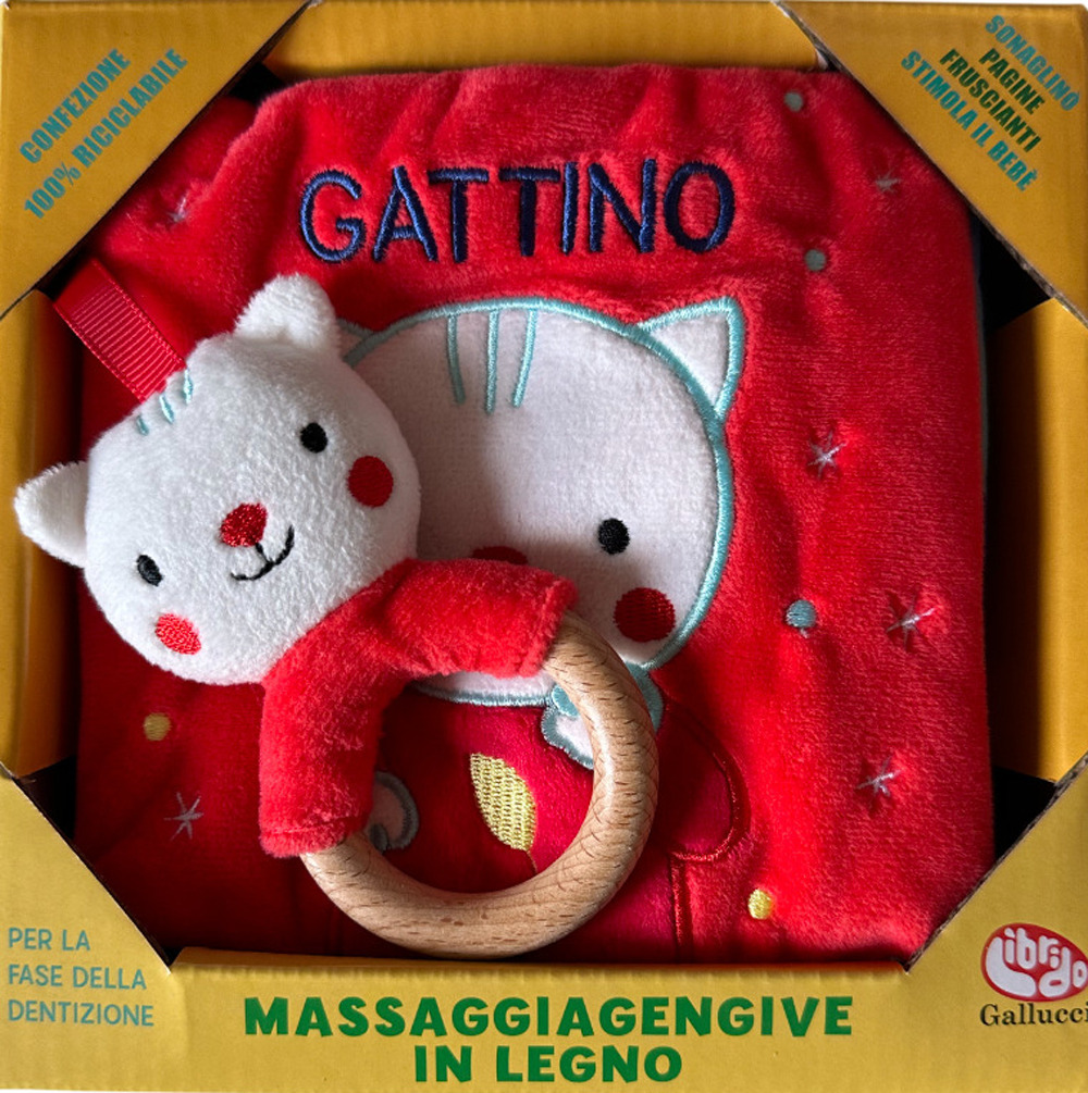 Gattino. Libri di stoffa con massaggiagengive in legno