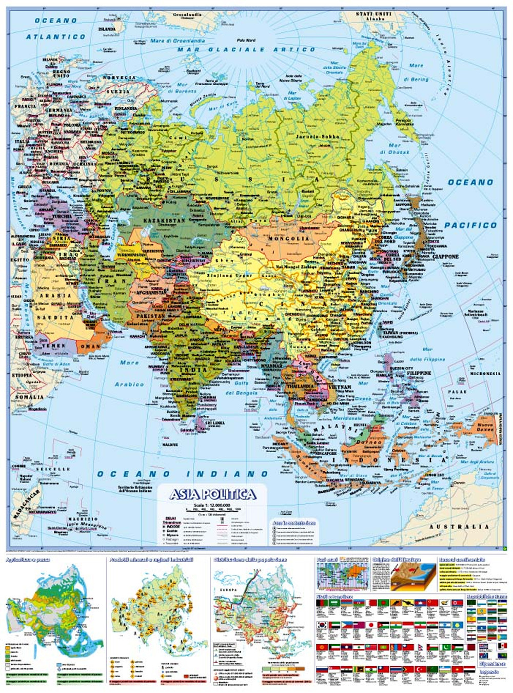 Asia 1.12.000.000 murale scolastica fisico/politica con aste. Carta murale scolastica fisico/politica