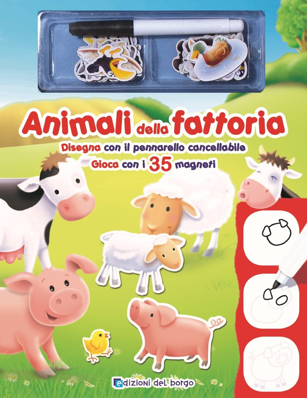 Animali della fattoria. Disegna con il pennarello cancellabile. Gioca con i 35 magneti