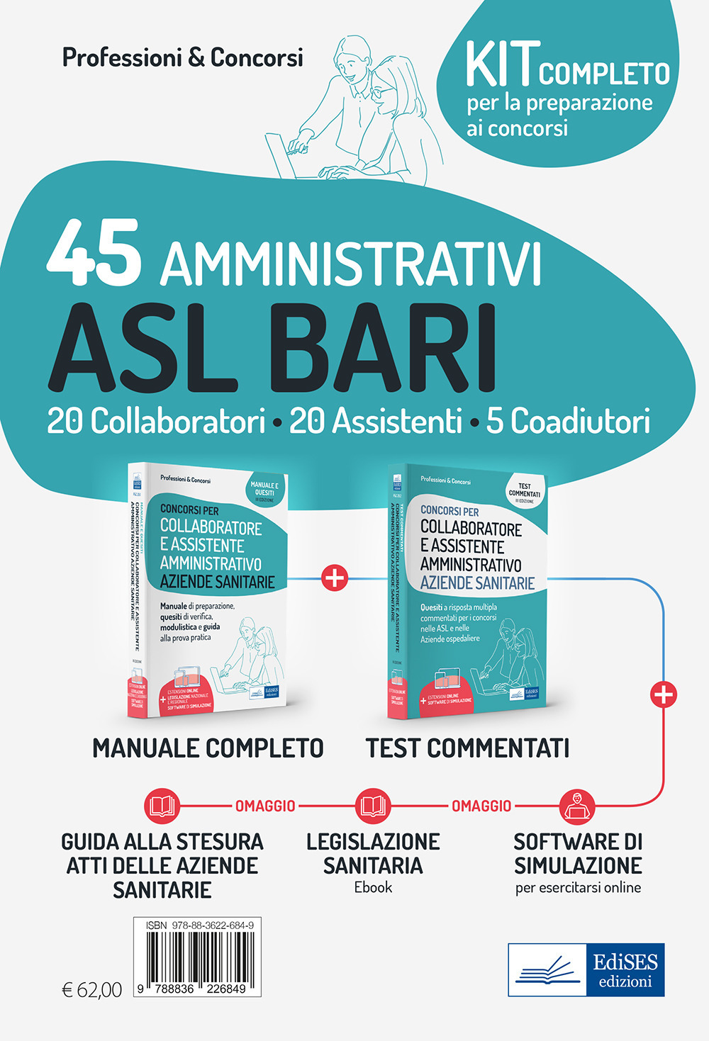 Kit concorsi 45 Amministrativi ASL Bari . 20 collaboratori, 20 assistenti e 5 coadiutori. Manuale e quesiti per le prove di selezione