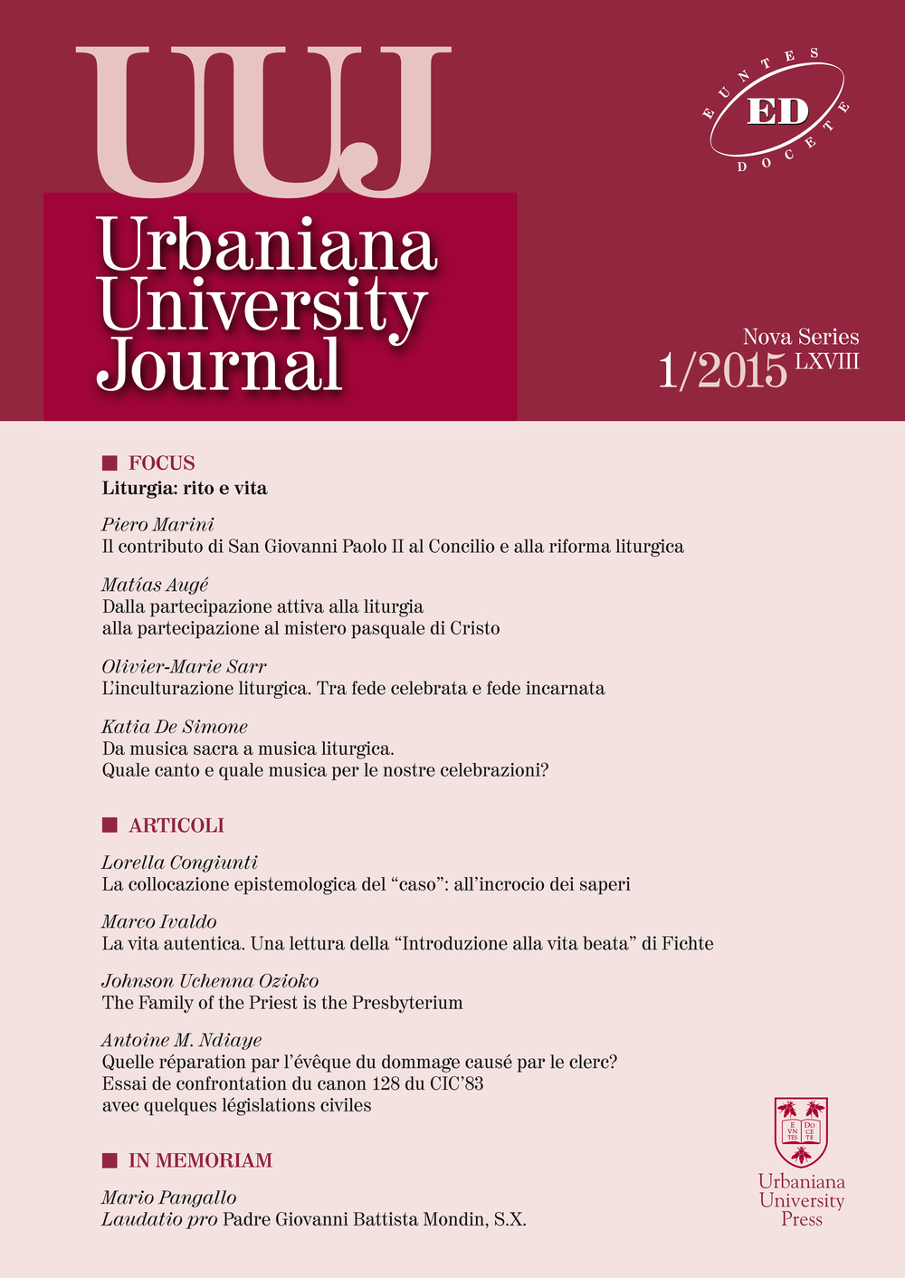 Urbaniana University Journal. Euntes Docete. Vol. 1: Liturgia: rito e vita
