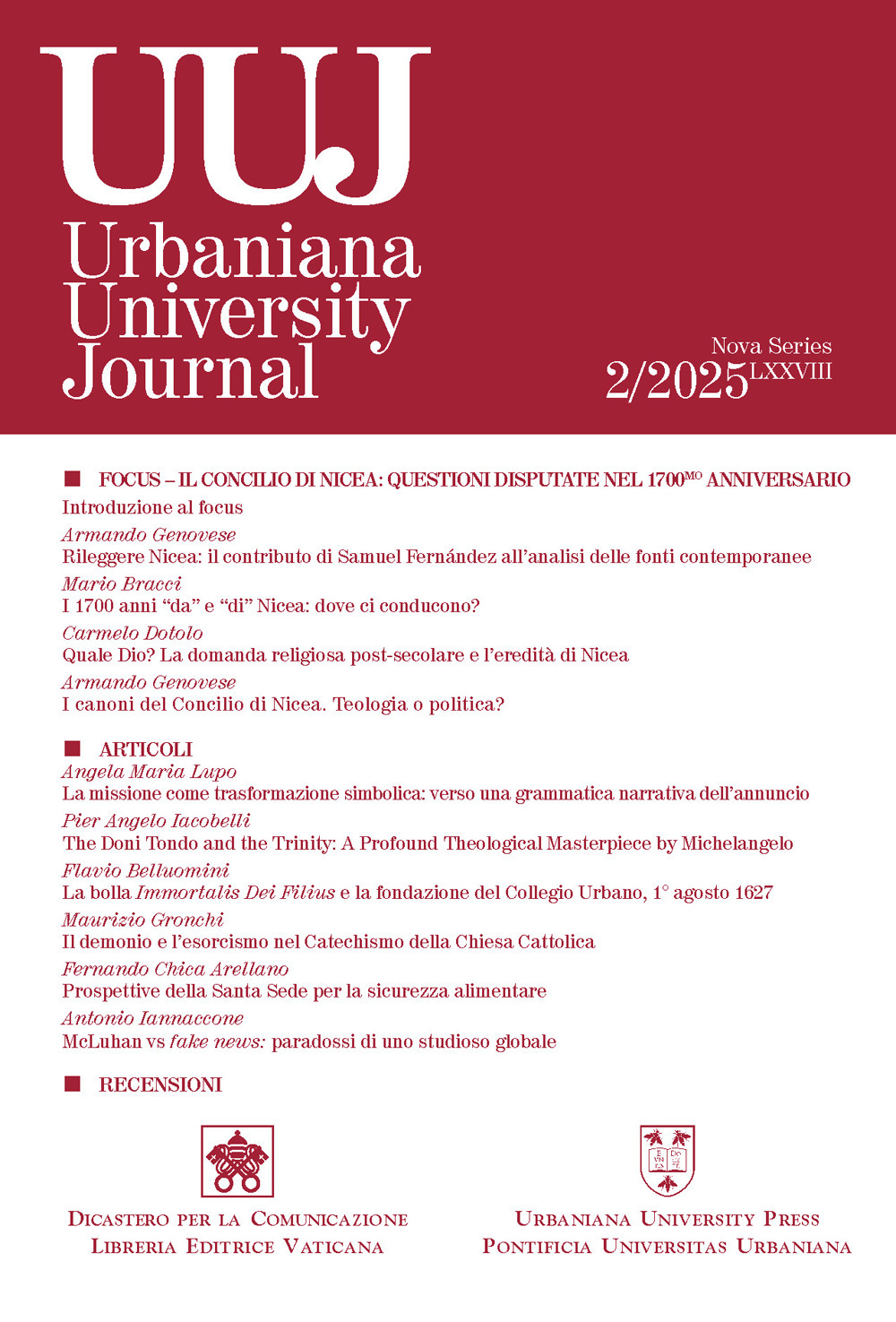 Urbaniana University Journal. Vol. 2: Il Concilio di Nicea: Questioni disputate nel 1700mo anniversario