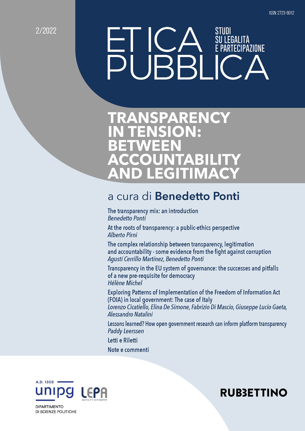 Etica pubblica. Studi su legalità e partecipazione. Vol. 2: Transparency in tension: between accountability and legitimacy