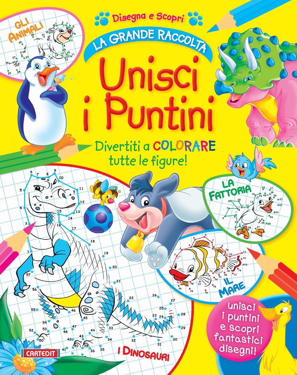 Unisci i puntini. Animali, dinosauri, fattoria, mare