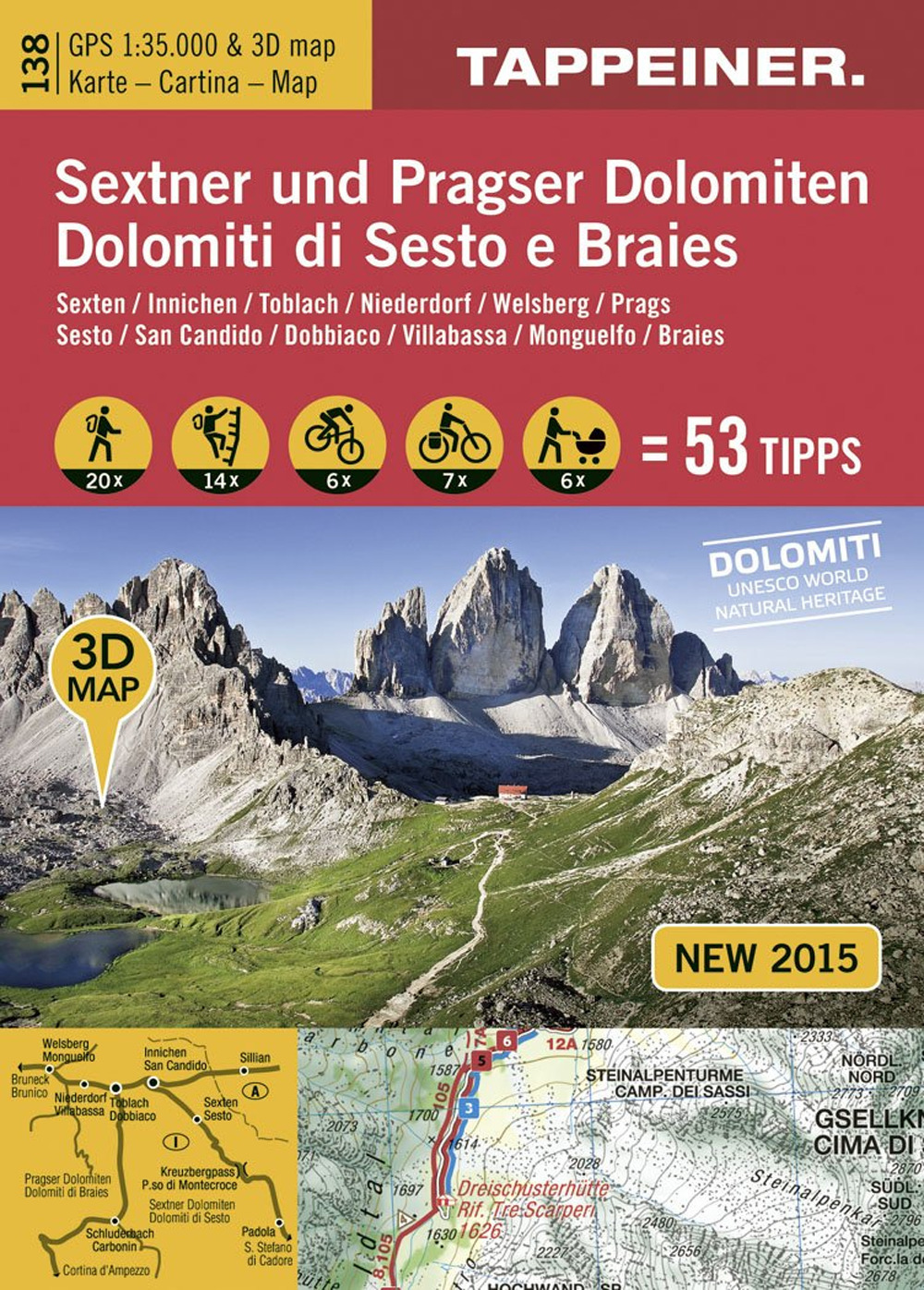Dolomiti di Sesto e Braies. Cartina escursionistica 3D. 1:35.000 Ediz. italiana e tedesca