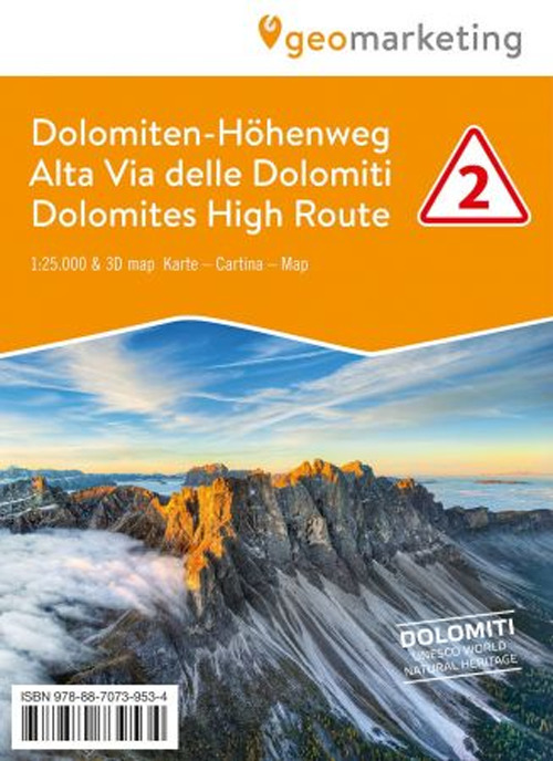 Alta via delle Dolomiti 2. Cartina escursionistica 1:25.000. Con panoramiche 3D. Ediz. italiana, inglese e tedesca