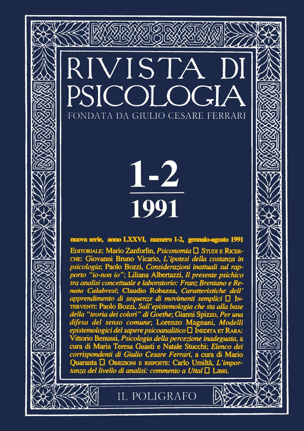Rivista di psicologia (1991) vol. 1-2. Gennaio-agosto
