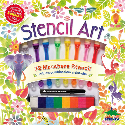 Stencil art. Con 72 maschere stencil, 8 cuscinetti di inchiostro colorato, 8 pennelli spugna, un pennarello nero