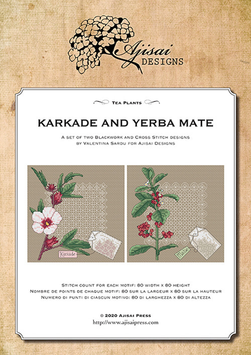 Tea plants. Karkade and yerba mate. Cross stitch and blackwork designs