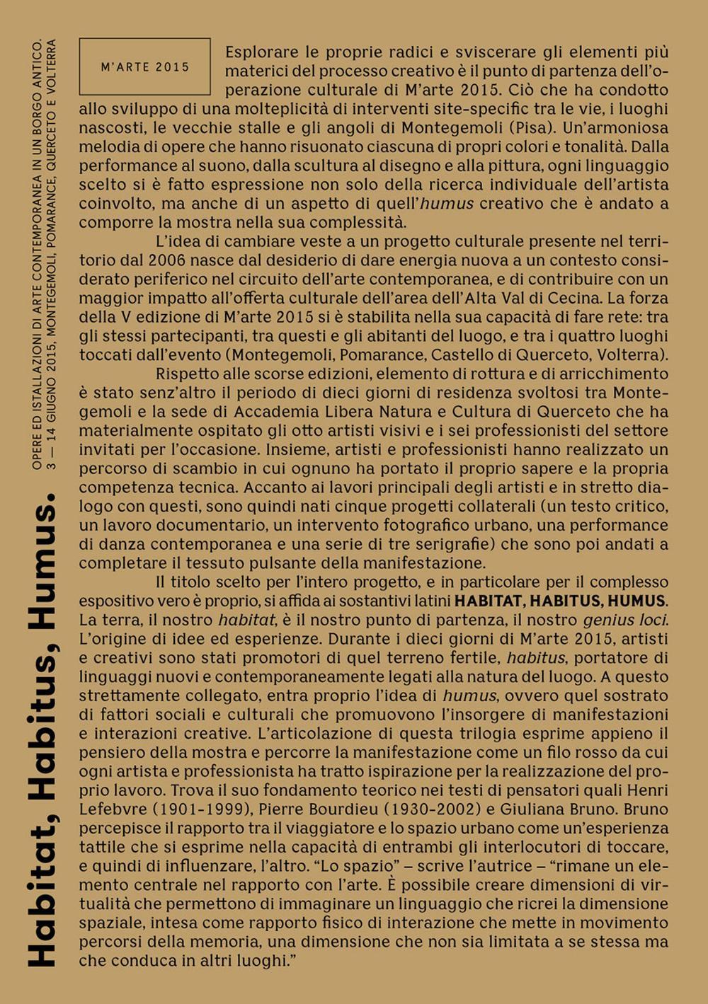Habitat, Habitus, Humus. M’Arte 2015. Opere ed istallazioni di arte contemporanea in un borgo antico (Montegemoli-Pomarance-Querceto-Volterra, 3-14 Giugno 2015)