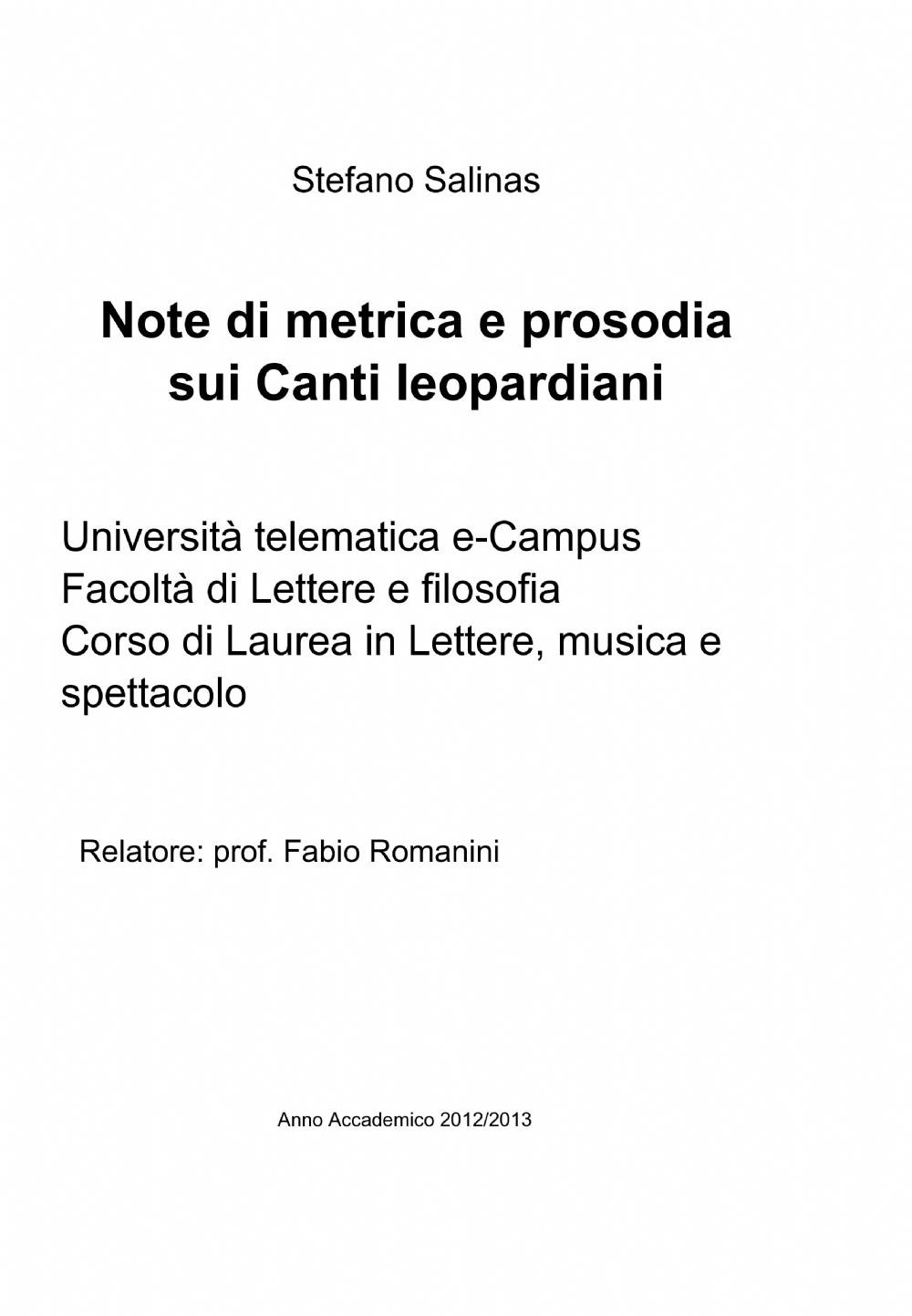Note di metrica e prosodia sui «Canti» leopardiani