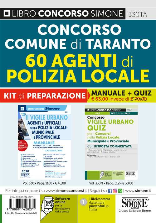 Concorso Comune di Taranto. 60 agenti di polizia locale. Kit di preparazione. Manuale + Quiz