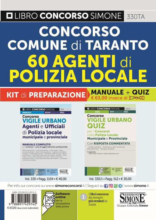 Concorso Comune di Taranto. 60 agenti di polizia locale. Kit di preparazione. Manuale + Quiz