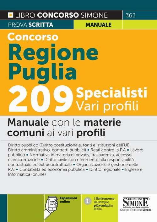 Concorso Regione Puglia 209 specialisti vari profili. Manuale con le materie comuni ai vari profili