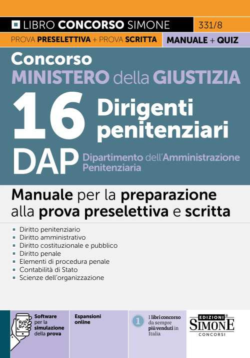 Concorso Ministero della Giustizia 16 Dirigenti penitenziari DAP Dipartimento dell'Amministrazione Penitenziaria. Manuale