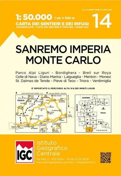 Carte n. 14 San Remo, Imperia, Monte Carlo 1:50.000. Carta dei sentieri e dei rifugi