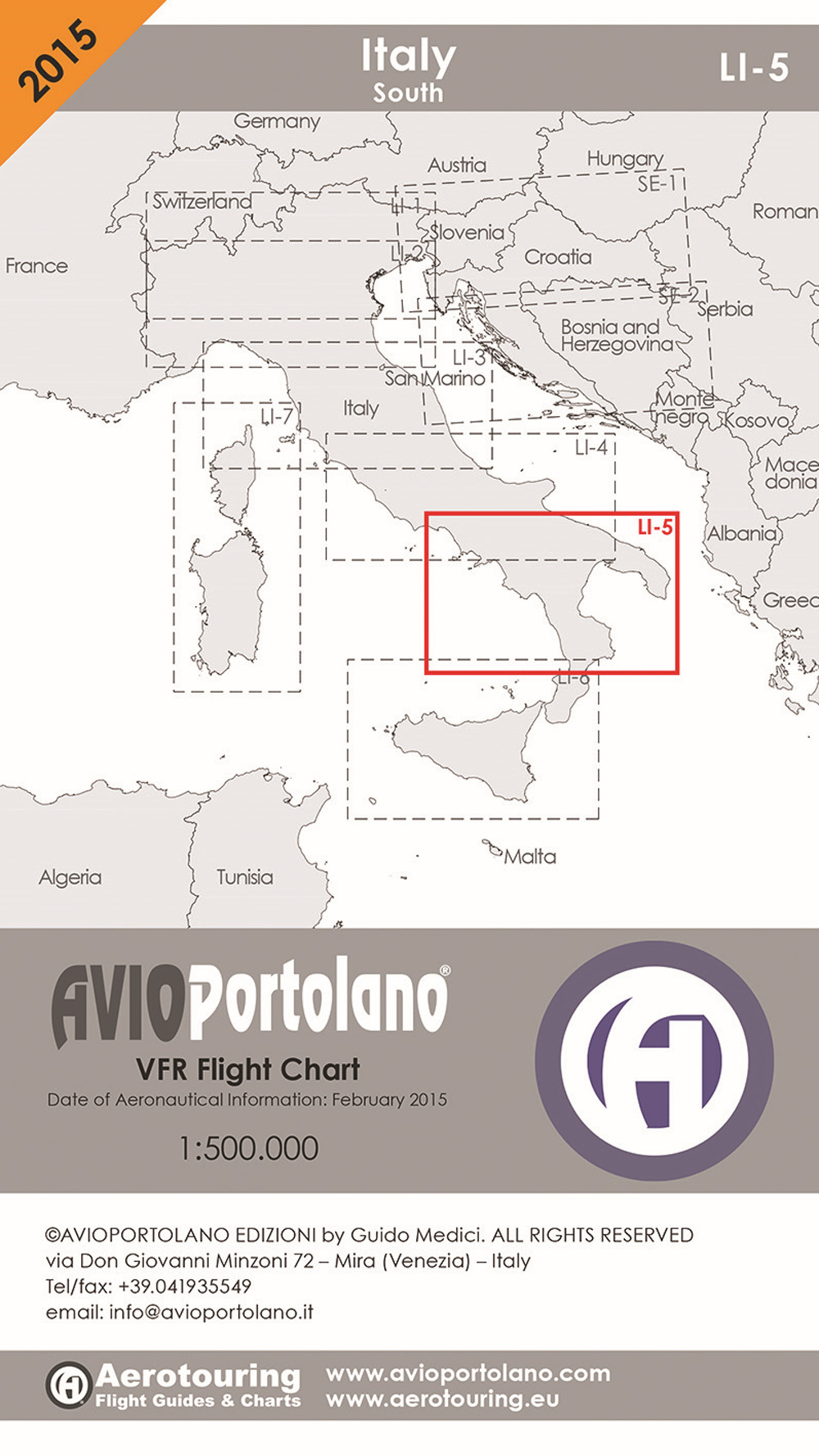 Avioportolano. VFR flight chart LI 5 Italy south. ICAO annex 4 - EU-Regulations compliant. Ediz. italiana e inglese