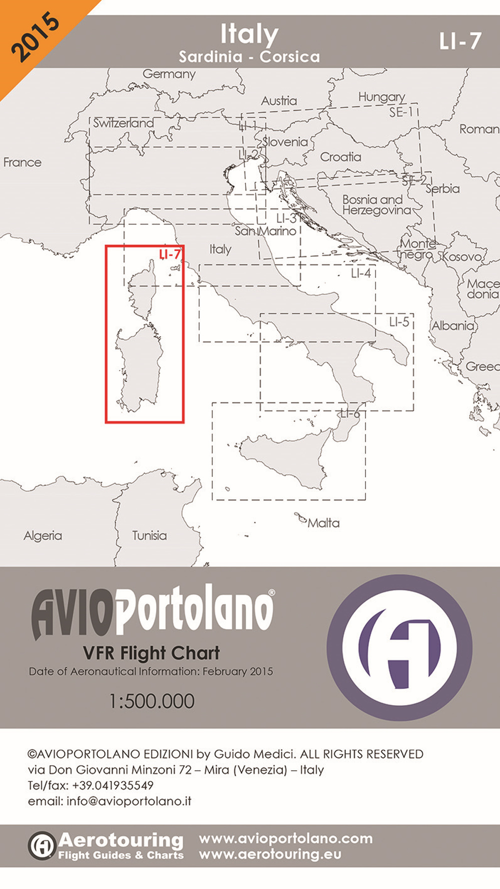 Avioportolano. VFR flight chart LI 7 Italy Sardinia-Corsica. ICAO annex 4 - EU-Regulations compliant. Ediz. italiana e inglese