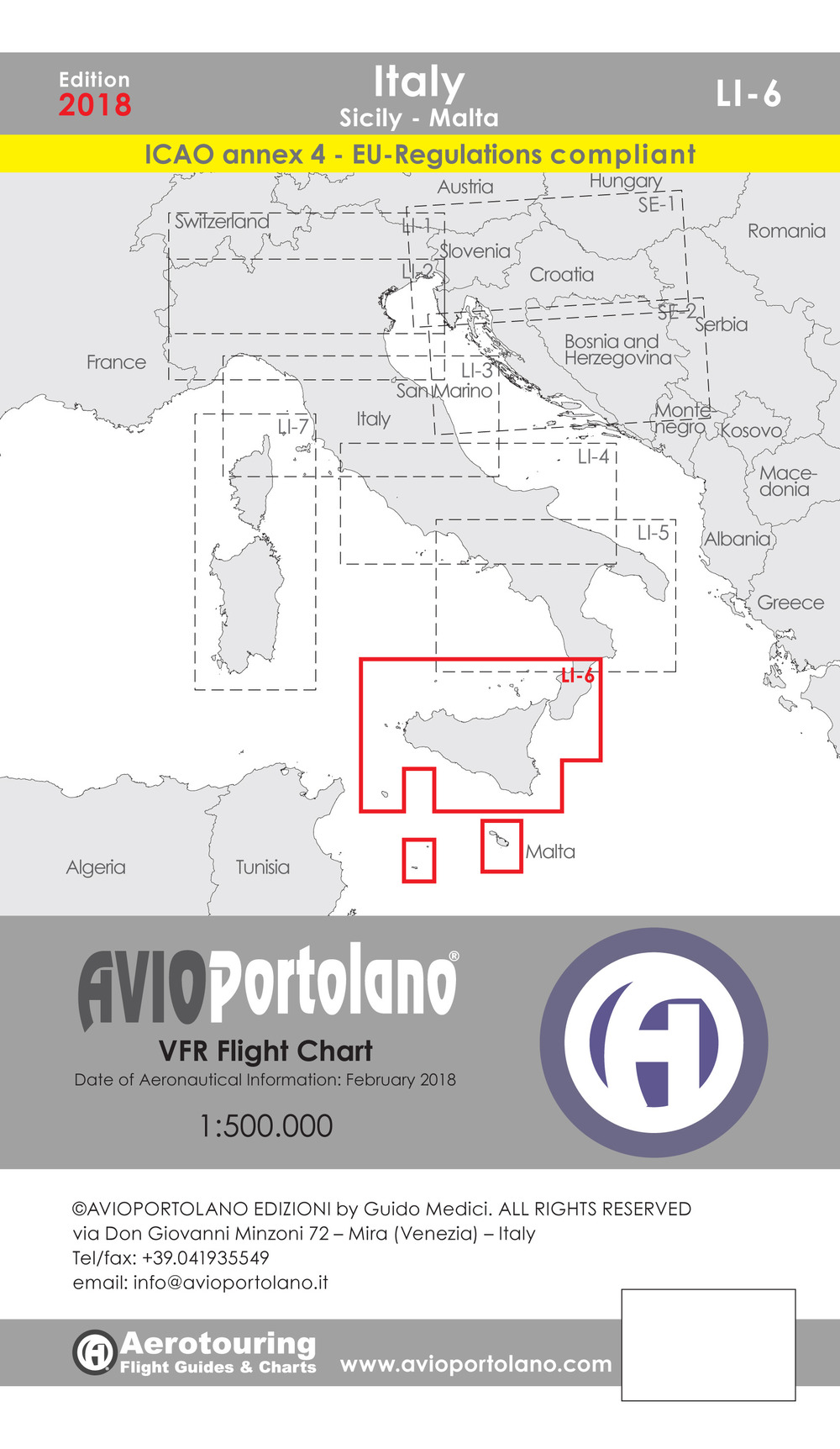 Avioportolano. VFR flight chart LI 6 Italy Sicily. ICAO annex 4 - EU-Regulations compliant. Ediz. italiana e inglese