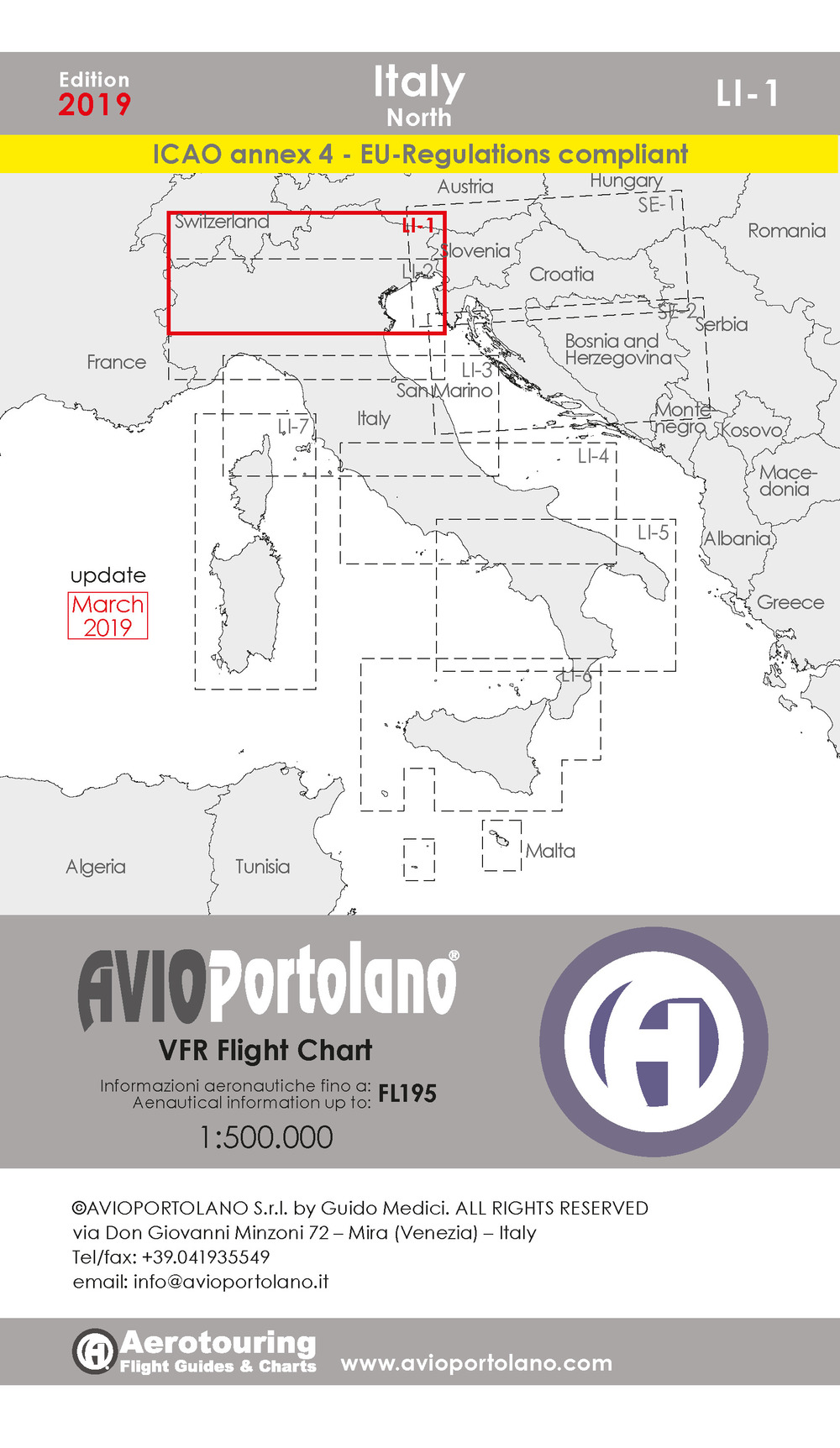 Avioportolano. VFR flight chart LI 1 Italy north. ICAO annex 4 - EU-Regulations compliant. Ediz. italiana e inglese