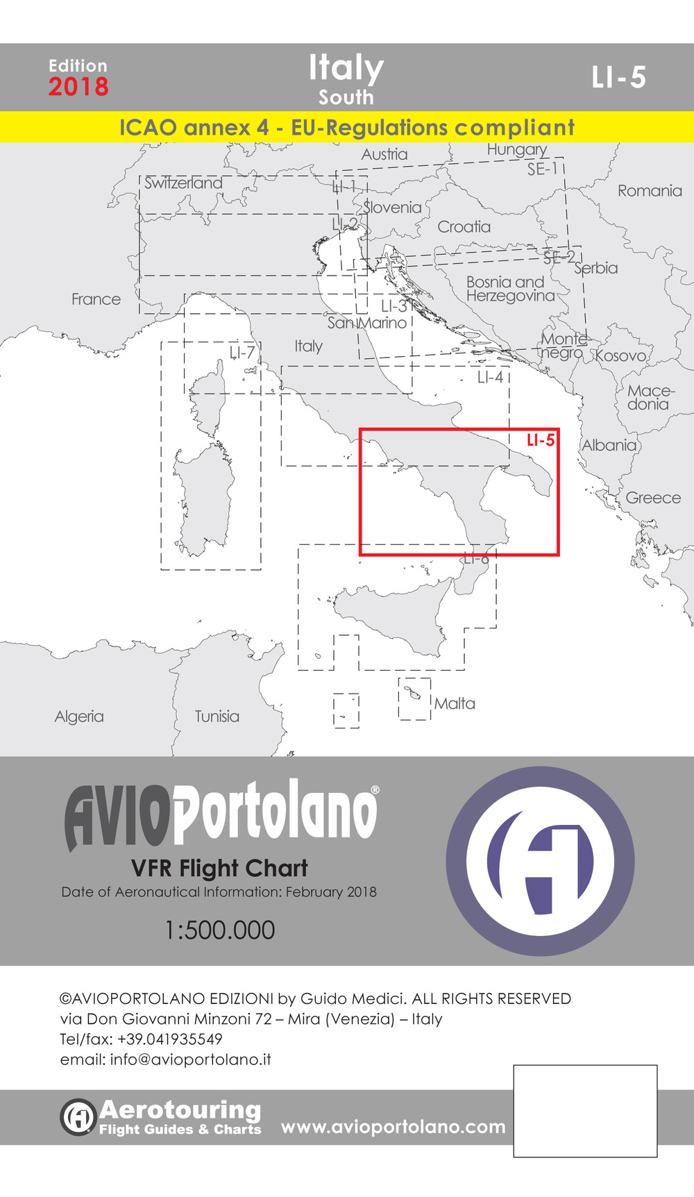Avioportolano. VFR flight chart LI 5 Italy south. ICAO annex 4 - EU-Regulations compliant. Ediz. italiana e inglese