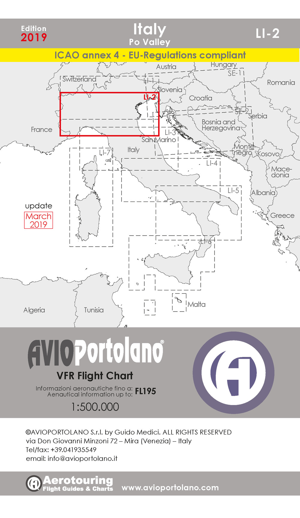Avioportolano. VFR flight chart LI 2 Italy Po valley. ICAO annex 4 - EU-Regulations compliant. Ediz. italiana e inglese