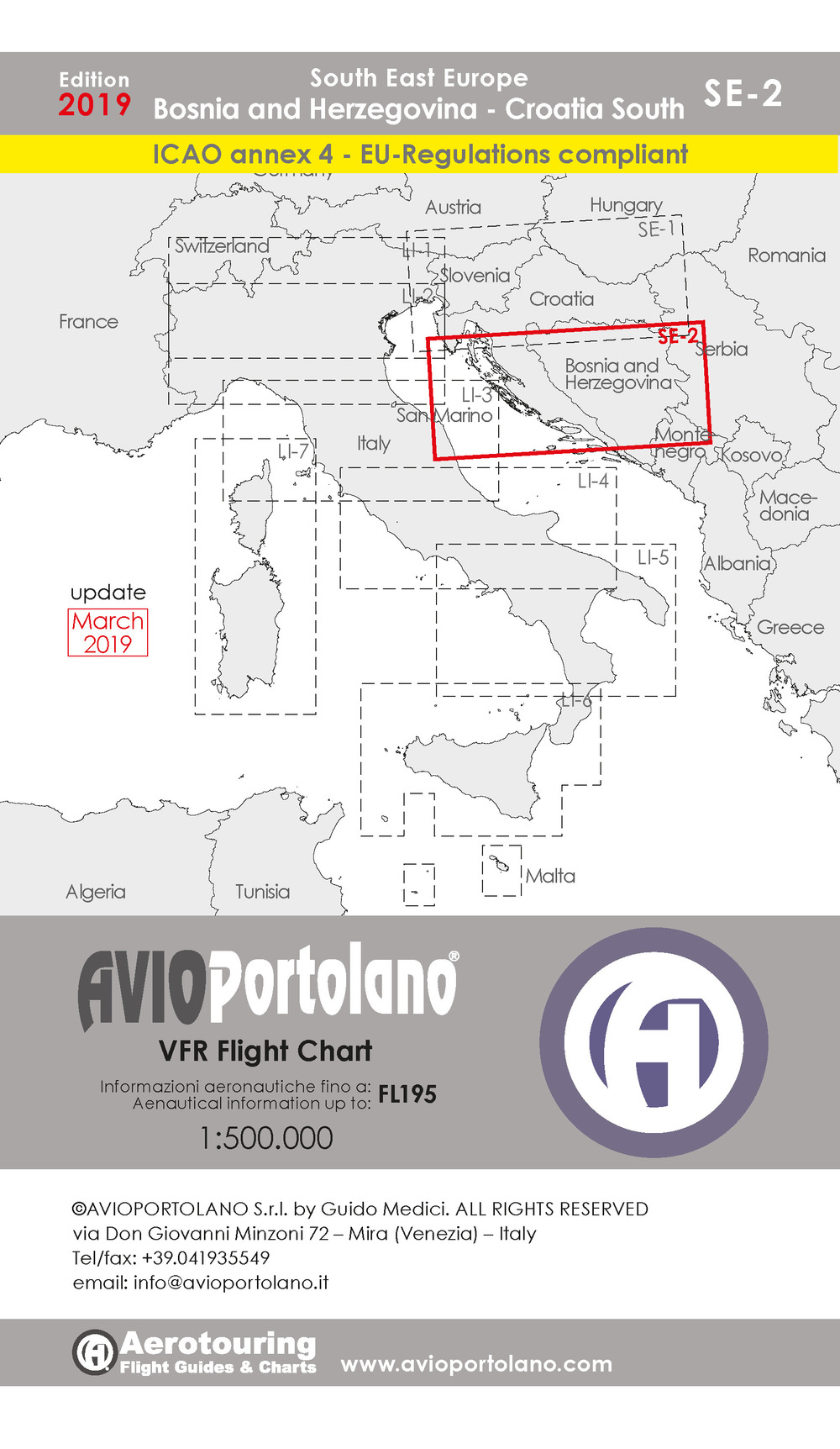 Avioportolano. VFR flight chart SE 2. South East Europe. Croatia south, Bosnia and Herzegovina. ICAO annex 4 - EU-Regulations compliant. Ediz. italiana e inglese
