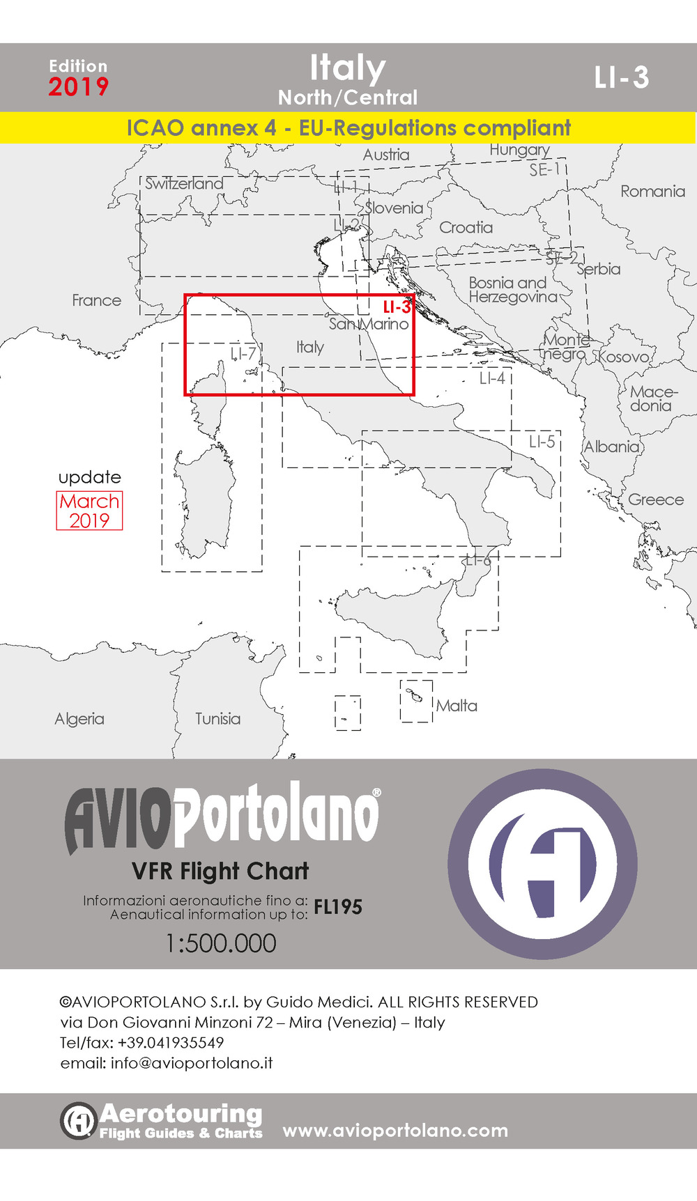 Avioportolano. VFR flight chart LI 3 Italy north-central. ICAO annex 4-EU-Regulations compliant