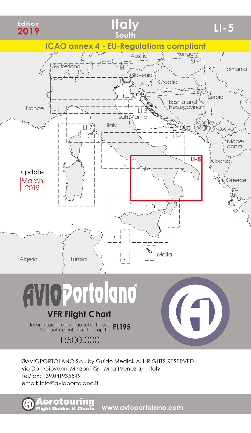 Avioportolano. VFR flight chart LI 5 Italy south. ICAO annex 4 - EU-Regulations compliant. Ediz. italiana e inglese