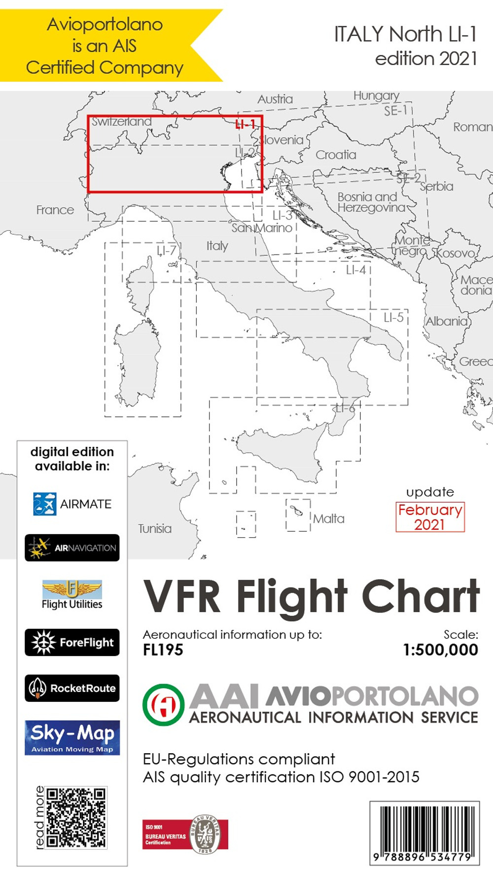 Avioportolano. VFR flight chart LI 1 Italy north. ICAO annex 4 - EU-Regulations compliant. Ediz. italiana e inglese