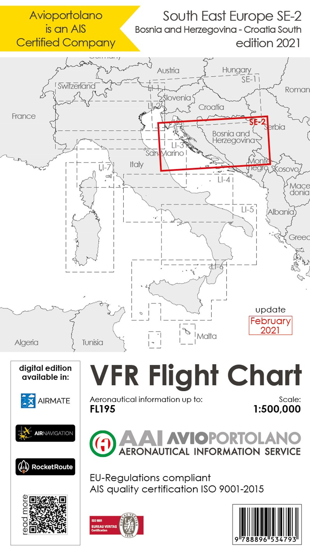 Avioportolano. VFR flight chart SE 2. South East Europe. Croatia south, Bosnia and Herzegovina. ICAO annex 4 - EU-Regulations compliant. Ediz. italiana e inglese