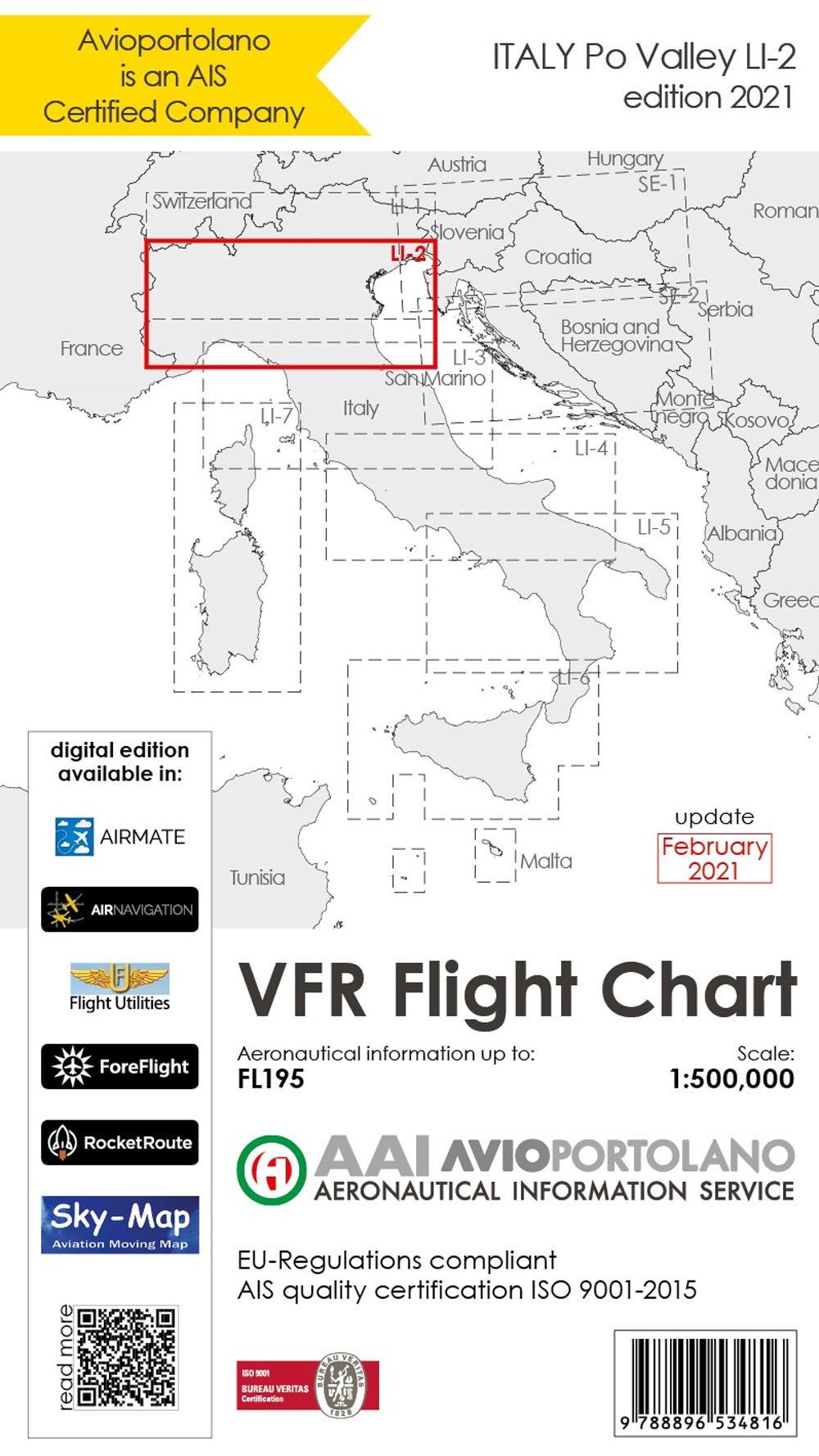 Avioportolano. VFR flight chart LI 2 Italy Po valley. ICAO annex 4 - EU-Regulations compliant. Ediz. italiana e inglese