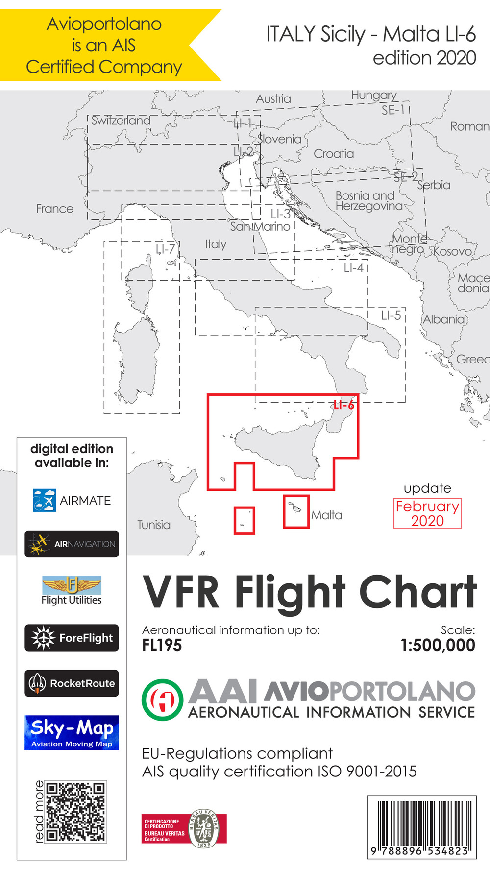 Avioportolano. VFR flight chart LI 6 Italy Sicily. ICAO annex 4 - EU-Regulations compliant. Ediz. italiana e inglese