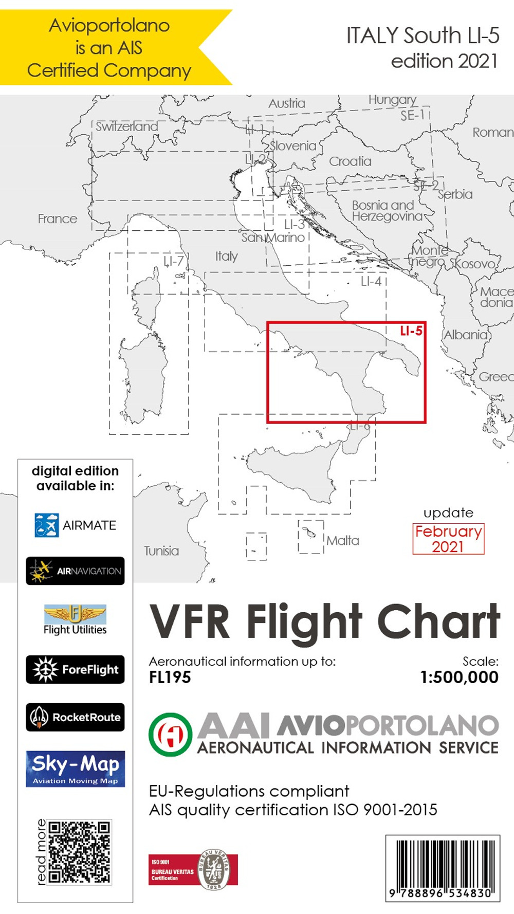 Avioportolano. VFR flight chart LI 5 Italy south. ICAO annex 4 - EU-Regulations compliant. Ediz. italiana e inglese