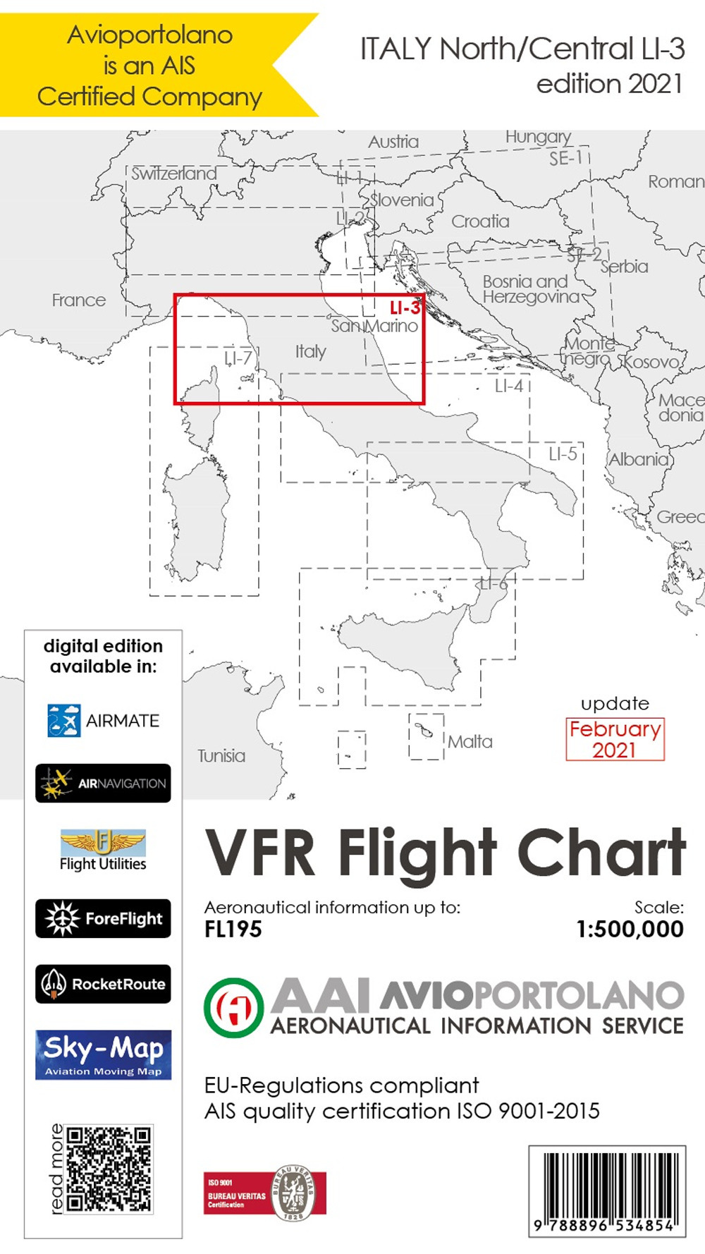 Avioportolano. VFR flight chart LI 3 Italy north-central. ICAO annex 4-EU-Regulations compliant