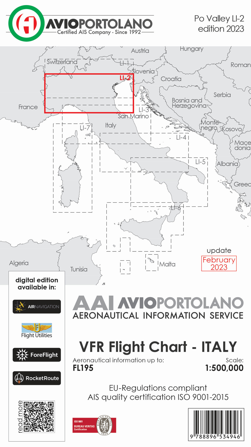 Avioportolano. VFR flight chart LI 2 Italy Po valley 2023. ICAO annex 4 - EU-Regulations compliant