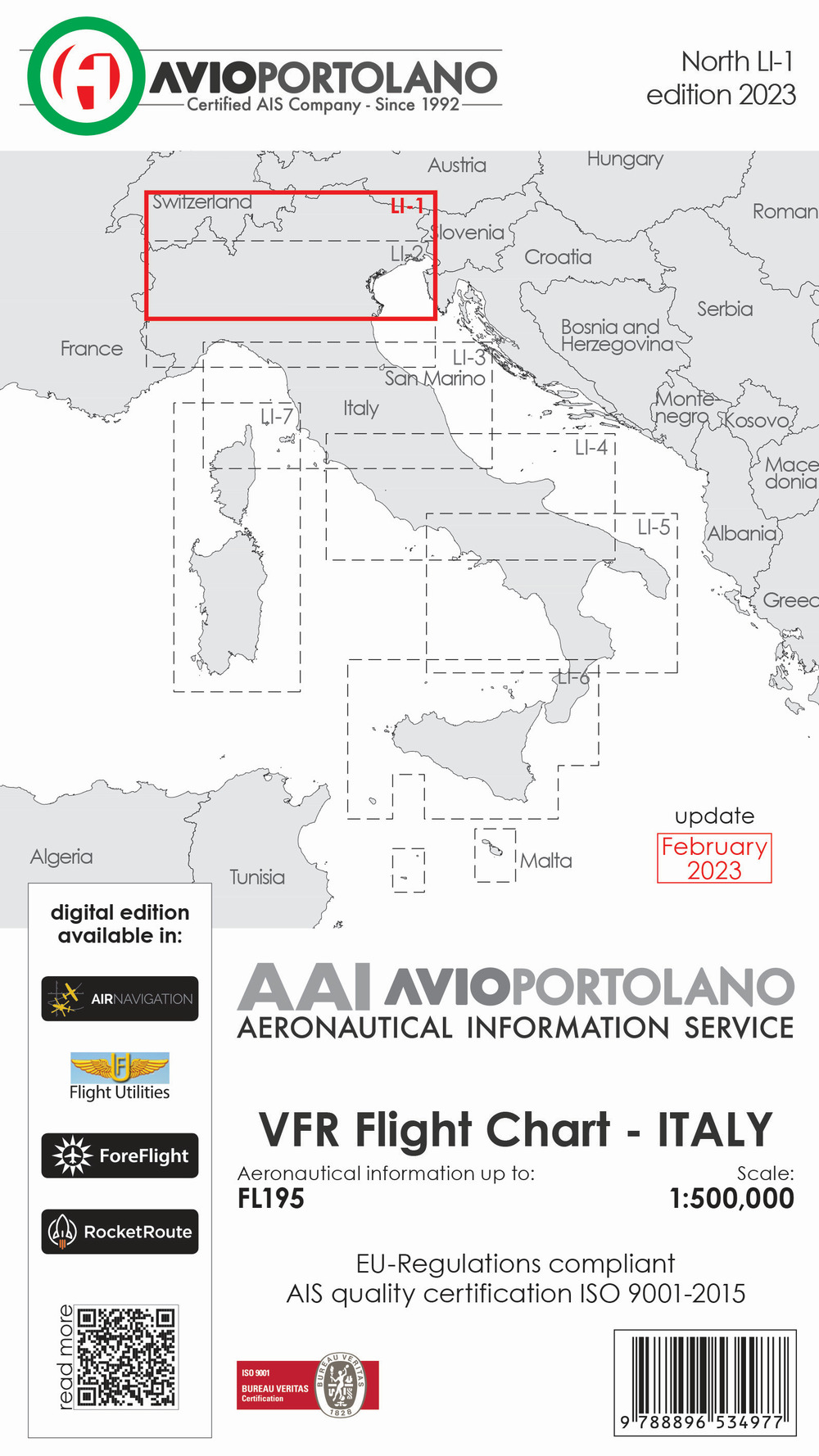Avioportolano. VFR flight chart LI 1 Italy north. ICAO annex 4 - EU-Regulations compliant