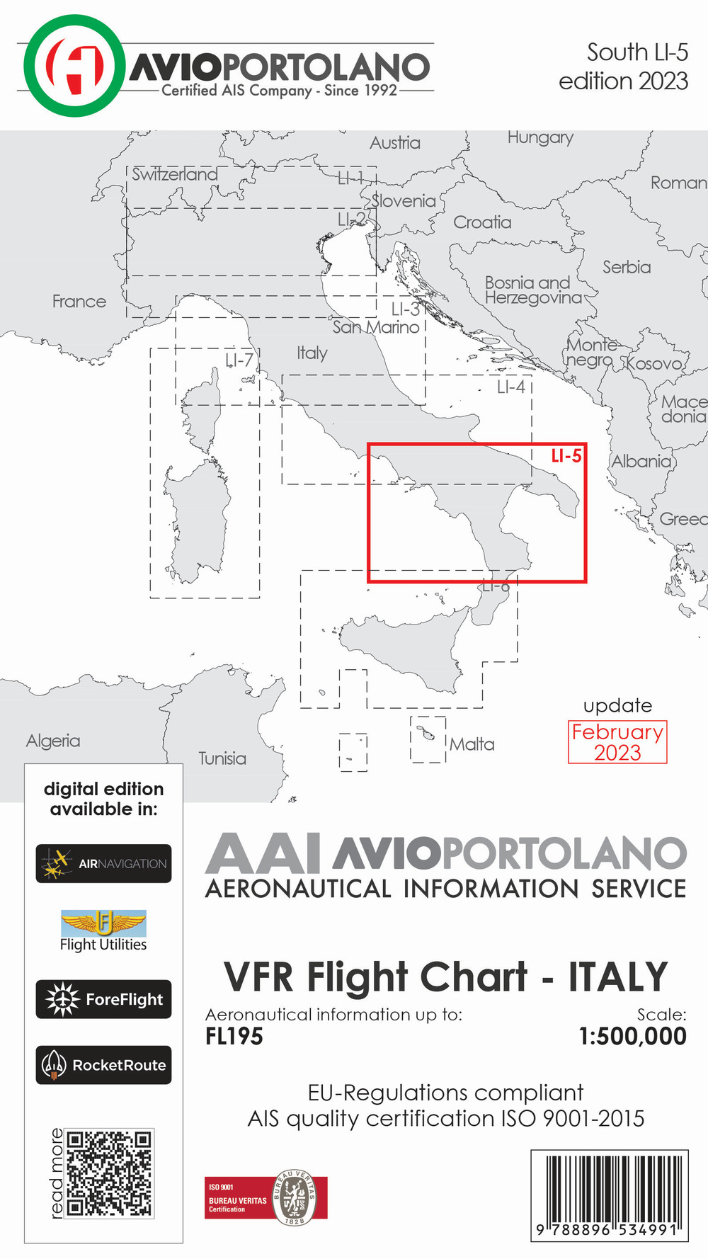 Avioportolano. VFR flight chart LI 5 Italy south. ICAO annex 4 - EU-Regulations compliant. Ediz. italiana e inglese