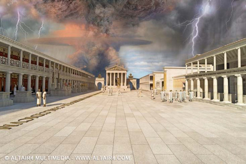 Pompei foro eruzione 79 d. C. Stato attuale e ricostruzione