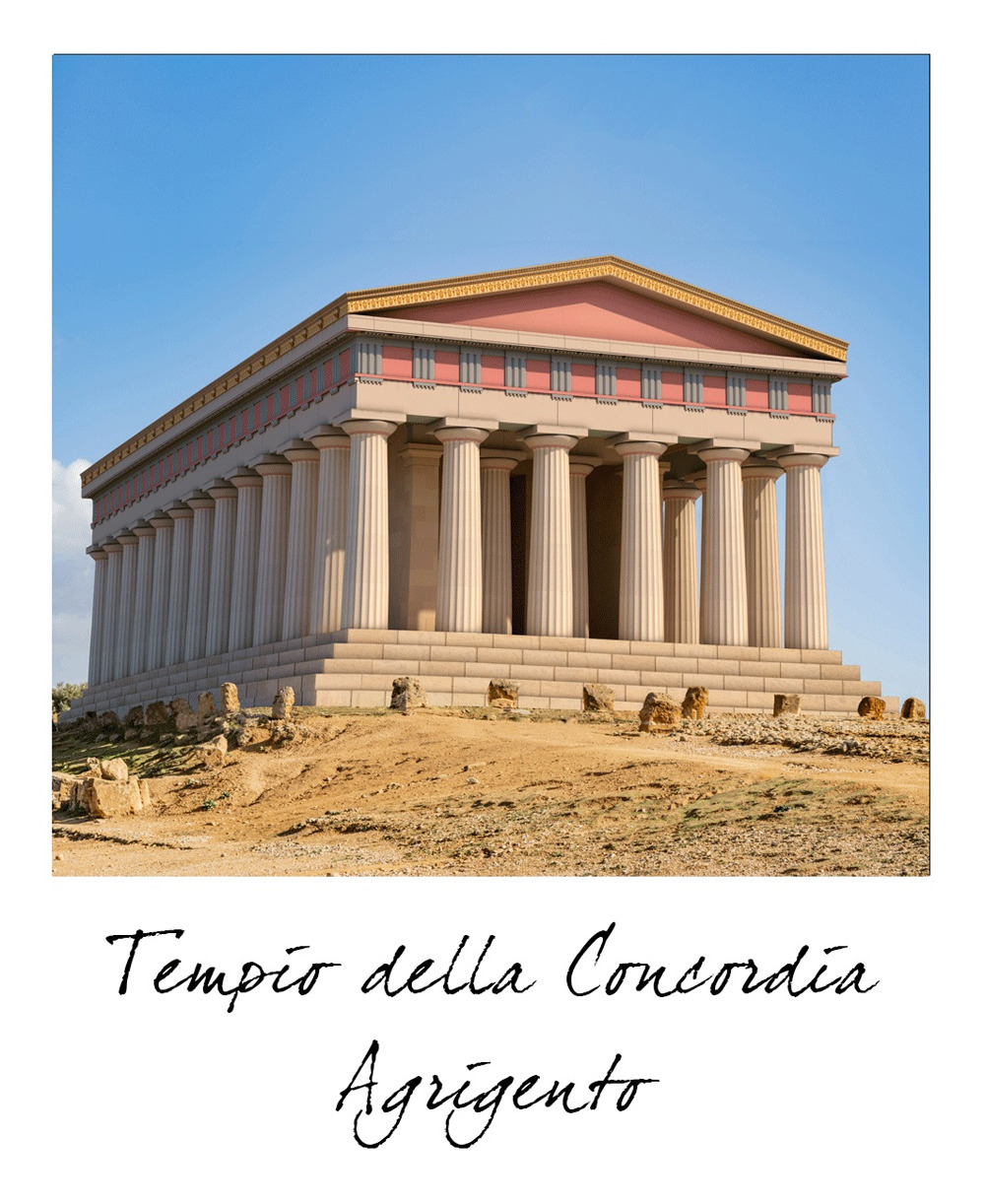 Agrigento, Tempio della Concordia. Stato attuale e ricostruzione. Formato polaroid