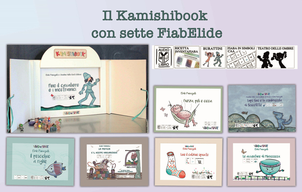 Il kamishibook con sette FiabElide. Testo in simboli. Kamishibai