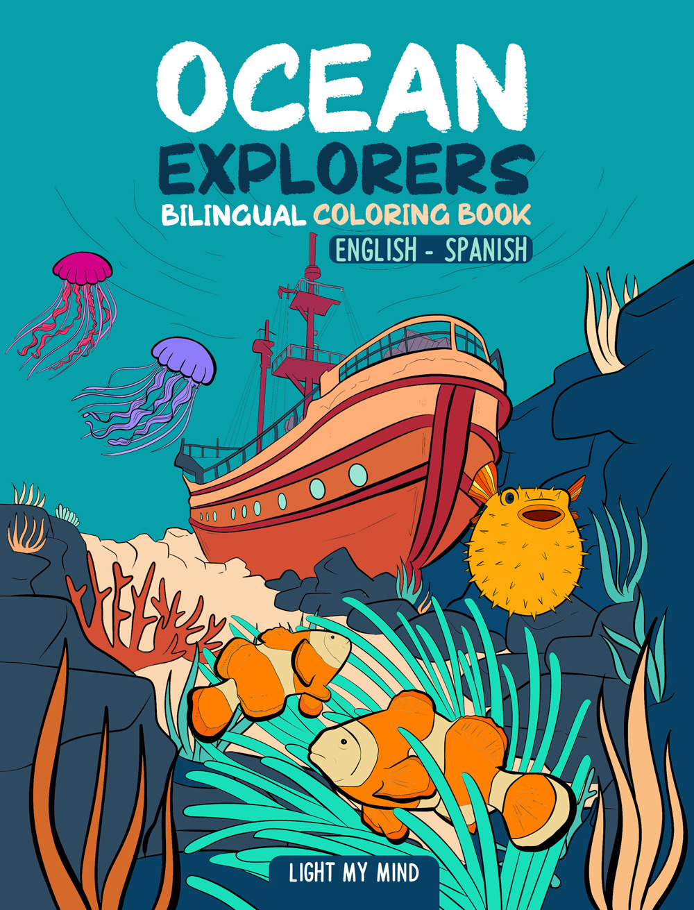 Ocean explorers. Bilingual coloring book for kids in english and spanish