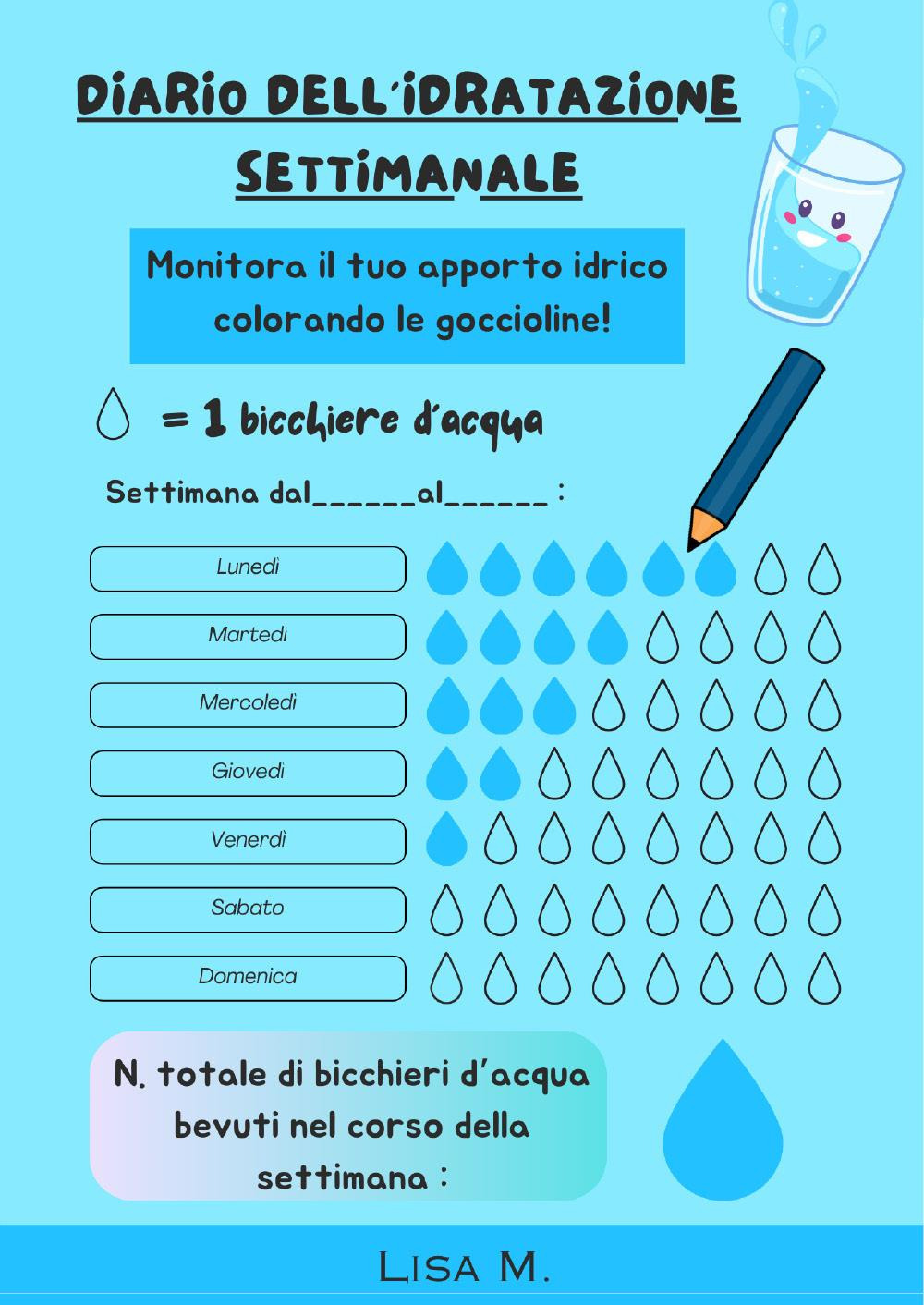 Diario dell'idratazione settimanale. Monitora il tuo apporto idrico colorando le goccioline!
