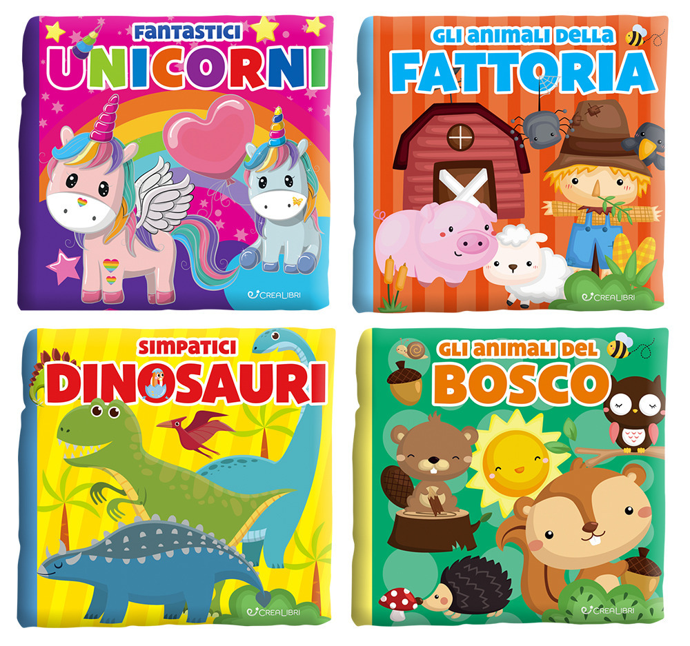 Gli animali del bosco-Fantastici unicorni-Gli animali della fattoria-Simpatici dinosauri. Carezze di stoffa
