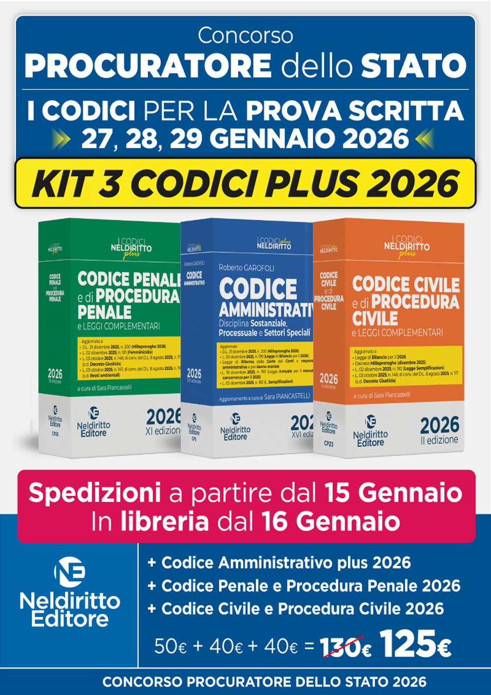 Concorso Procuratore dello Stato: kit codici normativi penale e di procedura penale, amministrativo e civile e di procedura civile 2026 per la prova scritta