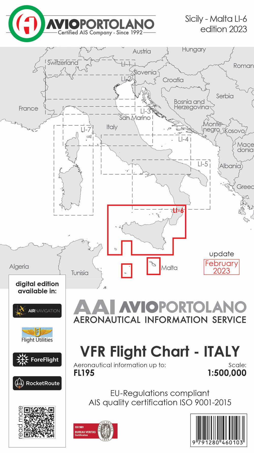Avioportolano. VFR flight chart LI 6 Italy Sicily 2023. ICAO annex 4 - EU-Regulations compliant